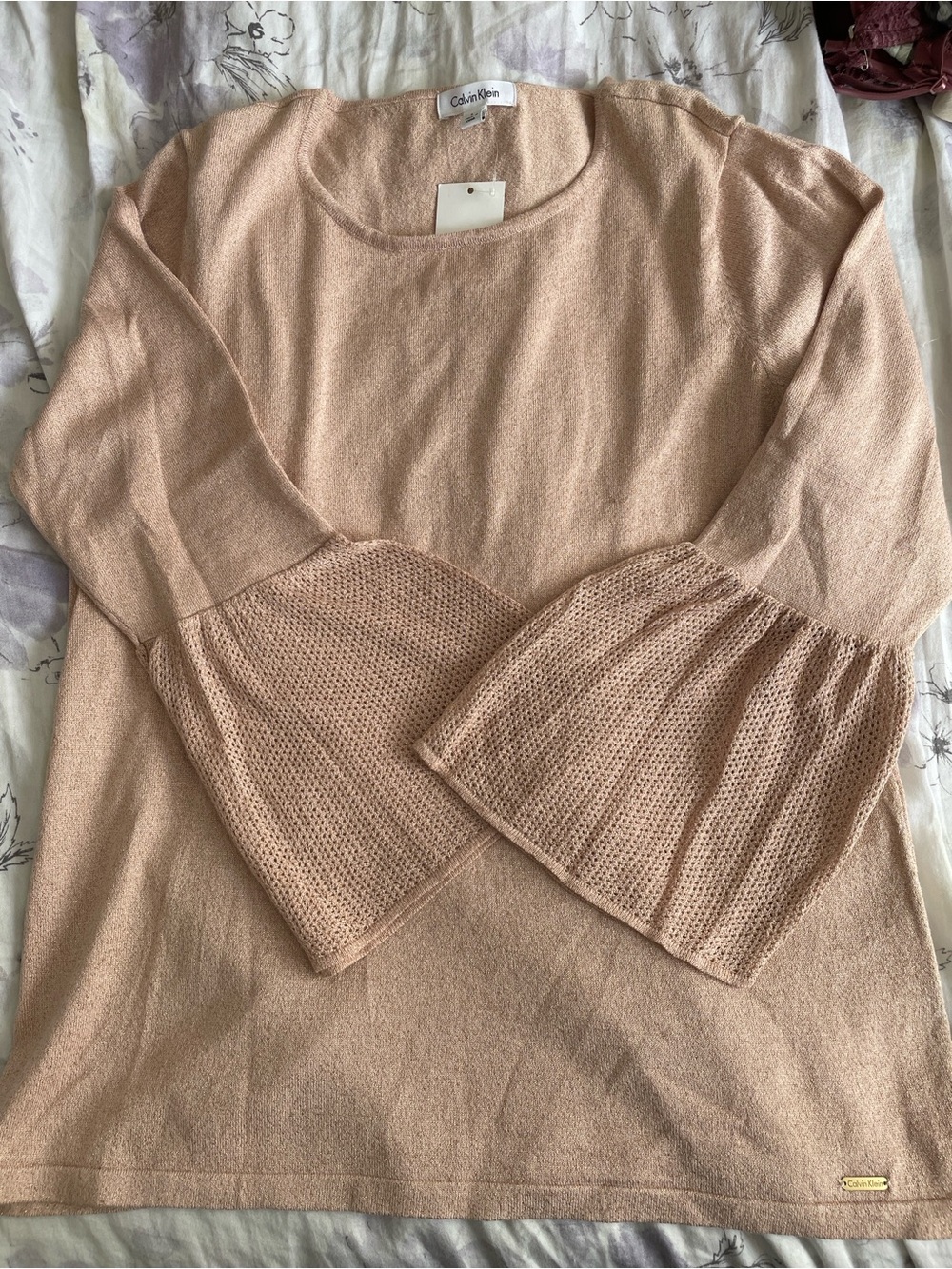 Calvin Klein Women's Light Blush Pink Bell Sleeve Crewneck Sweater Size L